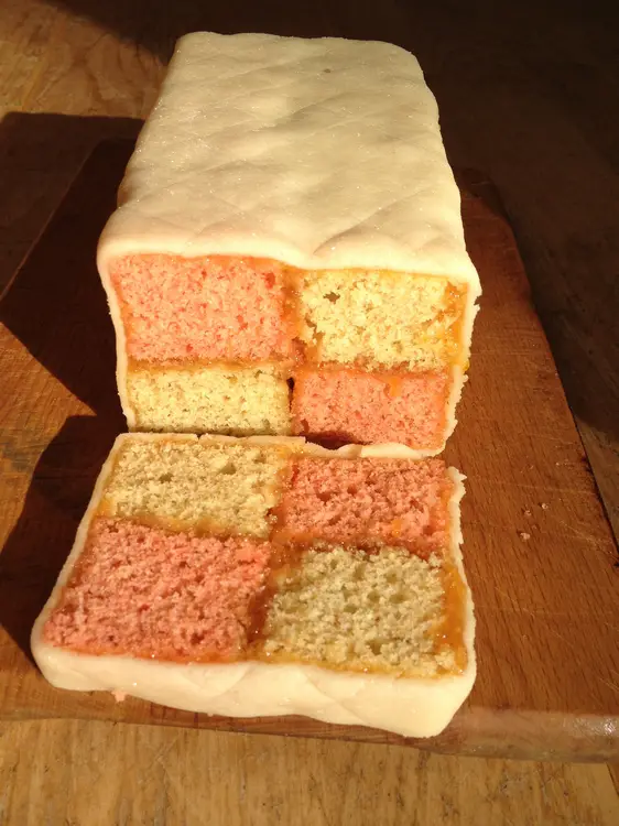 Battenberg cake which is compared to a cluster house