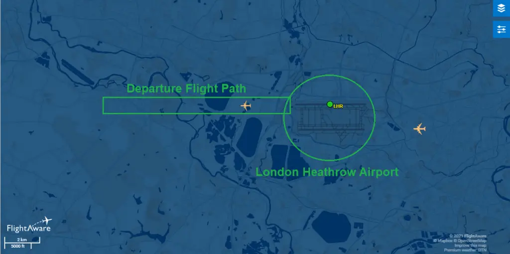 Map of outbound flight path out of London Heathrow using Flightaware.com