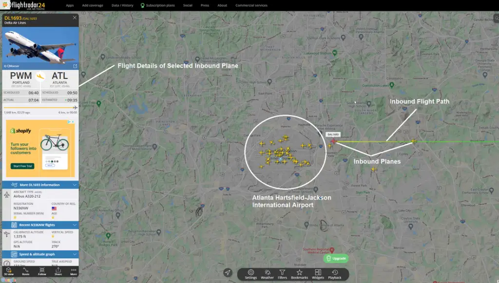 Inbound flight path for Atlanta Hartsfield-Jackson International Airport using FlightRadar24 web-browser app