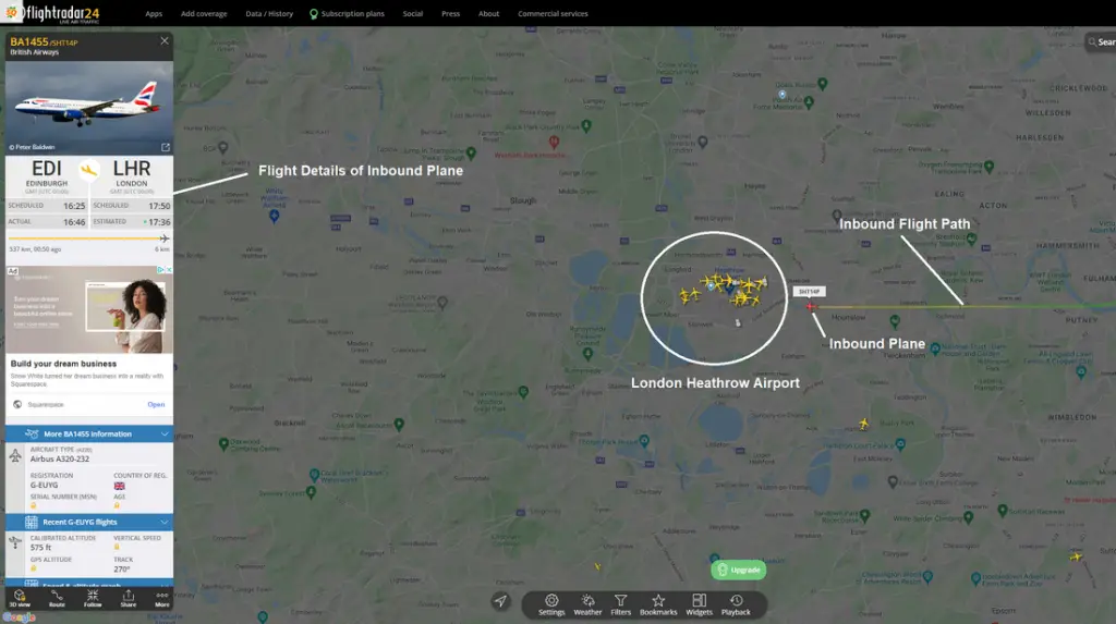 Map of inbound flight path for London Heathrow Airport using FlightRadar24 website app