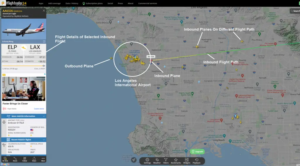 Inbound flight path for Los Angeles International Airport using FlightRadar24 web-browser app