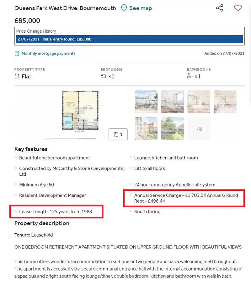 Rightmove listing of leasehold flat showing lease length - How to check leasehold length UK